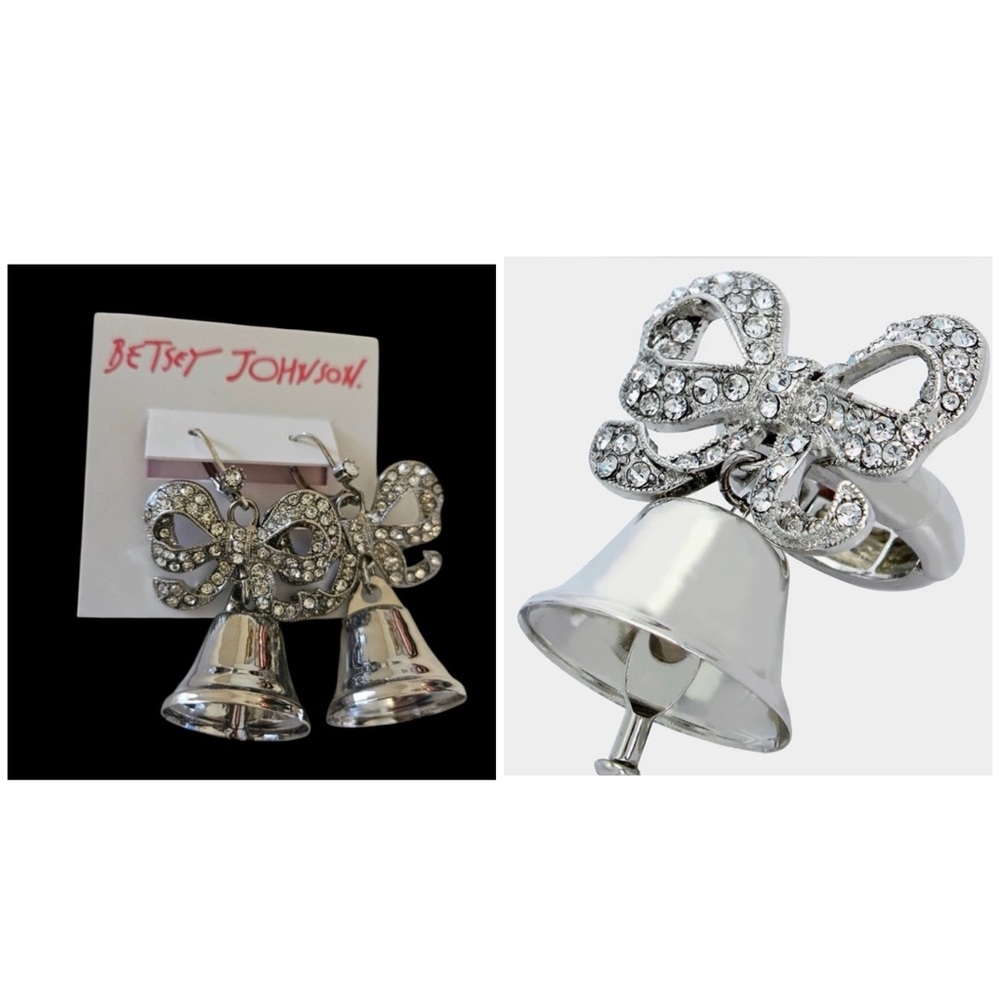 BETSEY JOHNSON SET Silver Bell Weddings Bridal Shower Party Earrings & Ring NWT